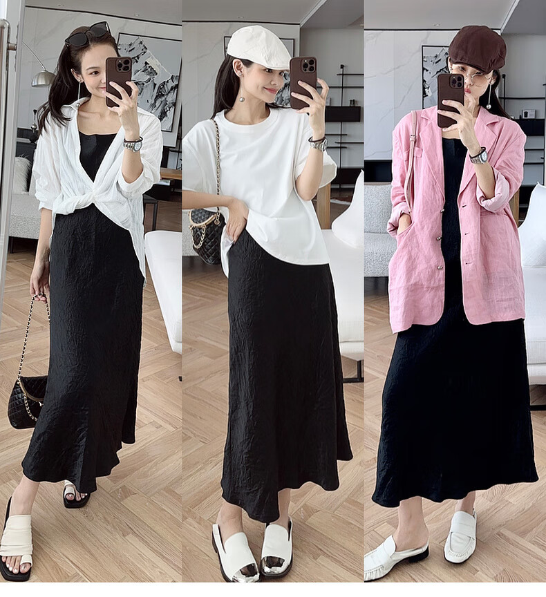 MEIYANG Hepburn Prequel Acetate Spaghetti Strap Dress, Light Luxury Satin Thin Strap Commuter Dress, Black Extended Version, Size S 16
