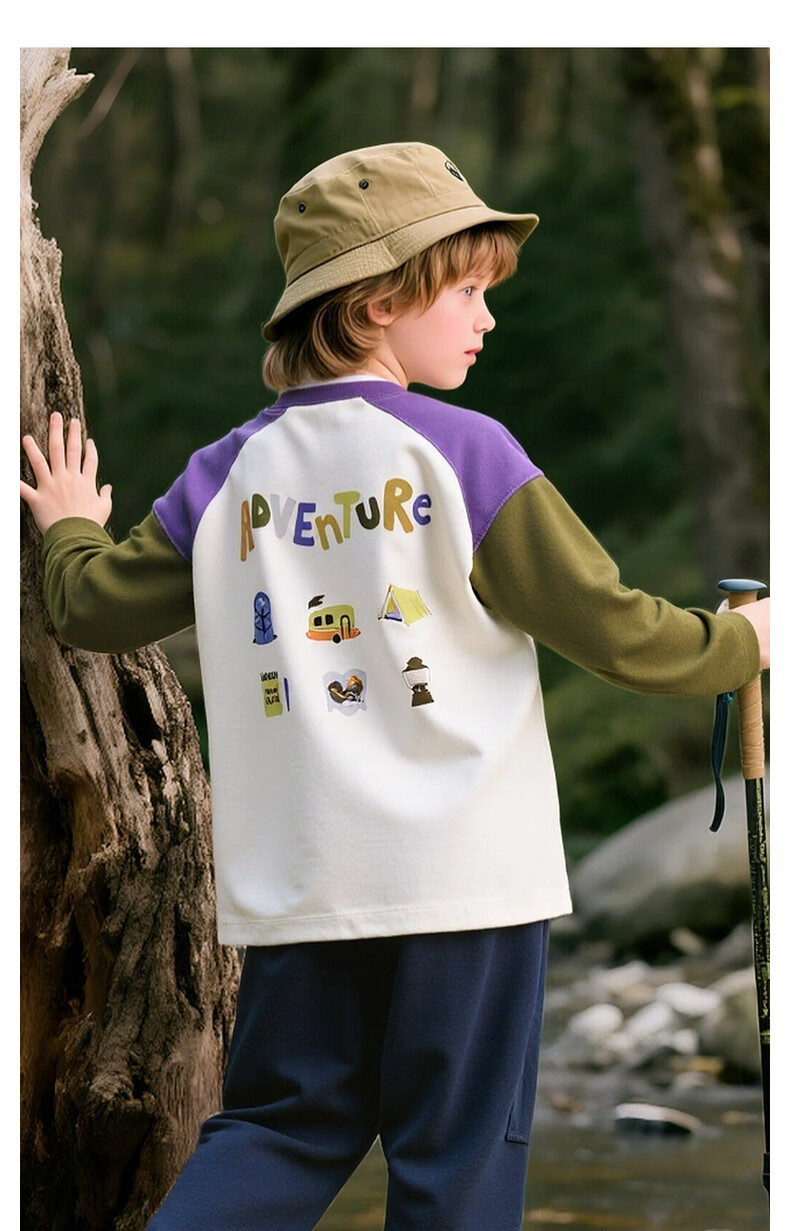 MQD Boys' Spring and Autumn Outdoor Camping Hiking Long Sleeve Colorblock Cartoon Skin-friendly T-Shirt Off-White 150 13