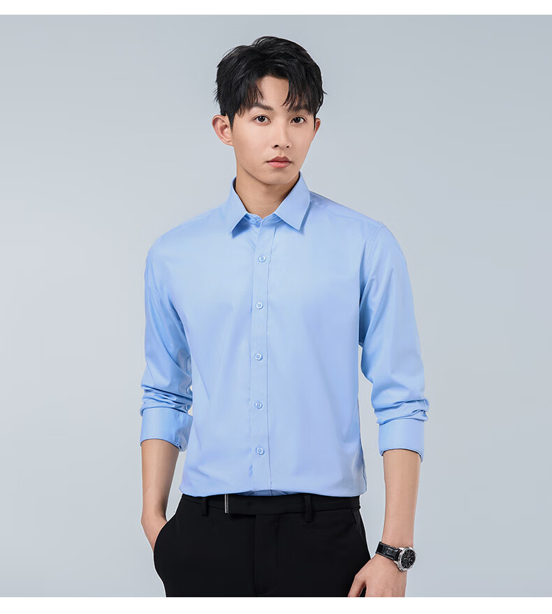 Woodpecker Plain Solid Color Men's Summer Business Wrinkle-Free Dress Shirt Suit Groomsman Long Sleeve White 41 10