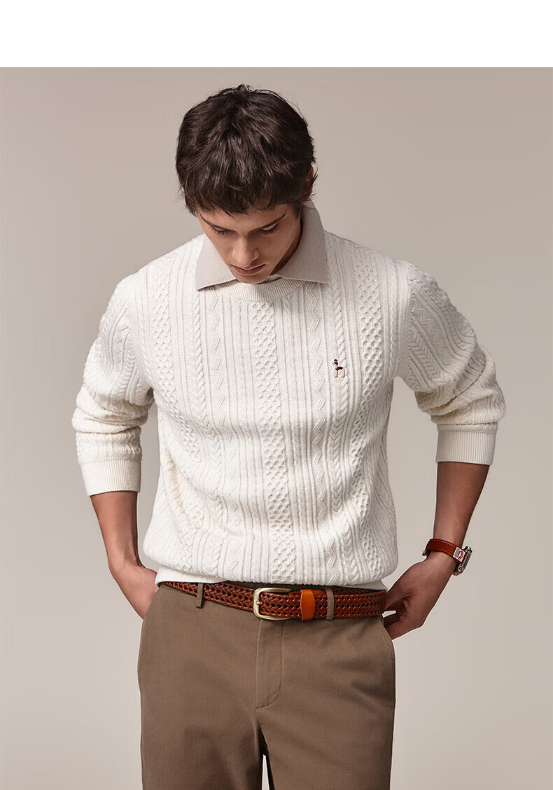 HAZZYS Men's Autumn Winter Casual Cable Knit Crew Neck Cotton/Wool Blend Sweater ABYZD0CCX30 10