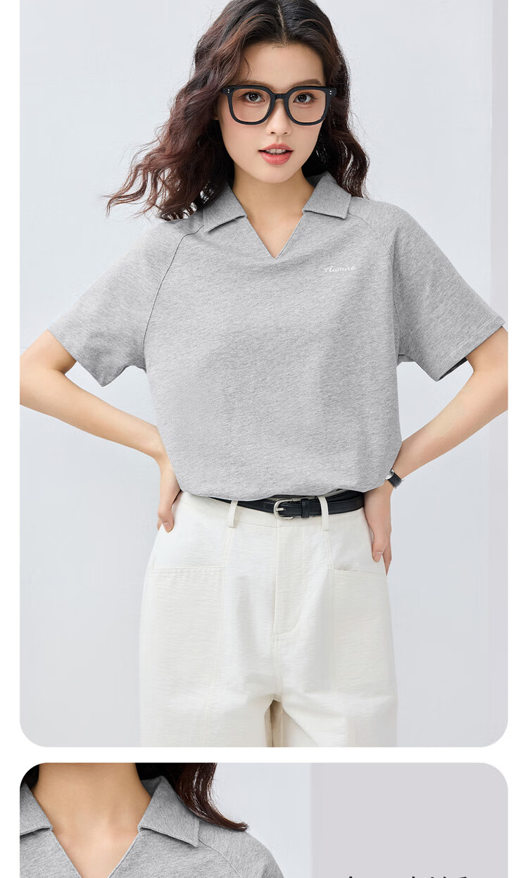 Giordano Women's Short-Sleeve Polo Shirt, Summer Pure Cotton, Letter Embroidery, V-Neck Drop Shoulder Collar Top, 13315205 6