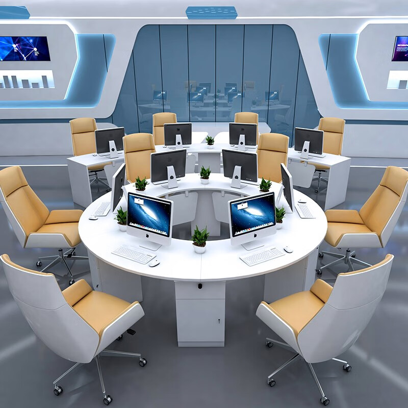 定制圆形工作位弧形职员桌简约现代办公桌创意员工桌培训桌椅组合