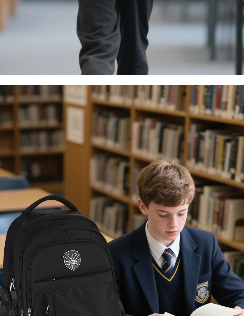 Edison Inventor Middle School Backpack High School Student Male Backpack Large Capacity Weight-Reducing Spine-Protecting Shoulder Bag W25-1 Black 2
