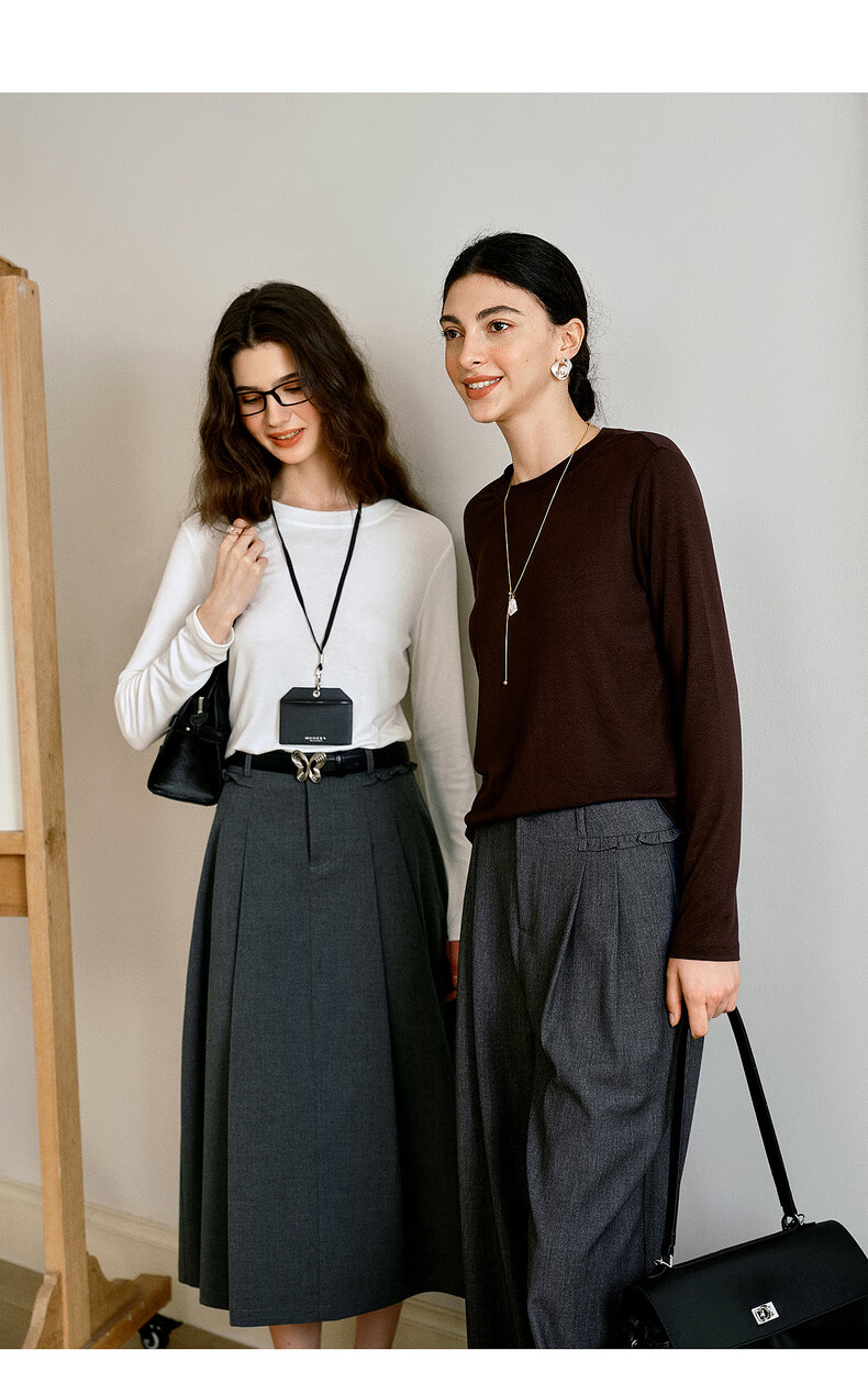 Oulain French Plain Color Basic Versatile Long-Sleeve T-Shirt, Autumn New Simple Fashion Top, Coffee Color, XL 2