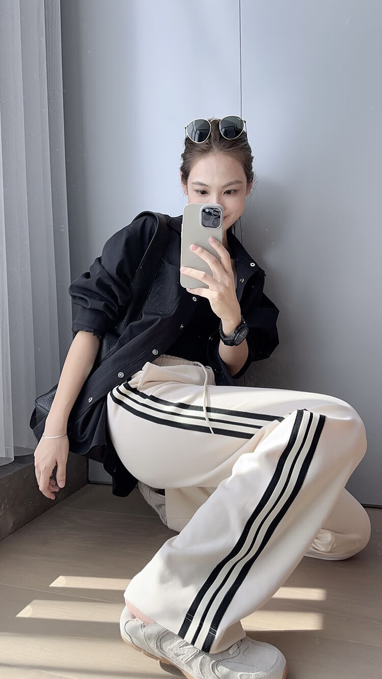 MEIYANG Raw Cheese Casual Pants, Exceptional Skin Feel Air Striped Straight-Leg, Beige Extended Version, S 5