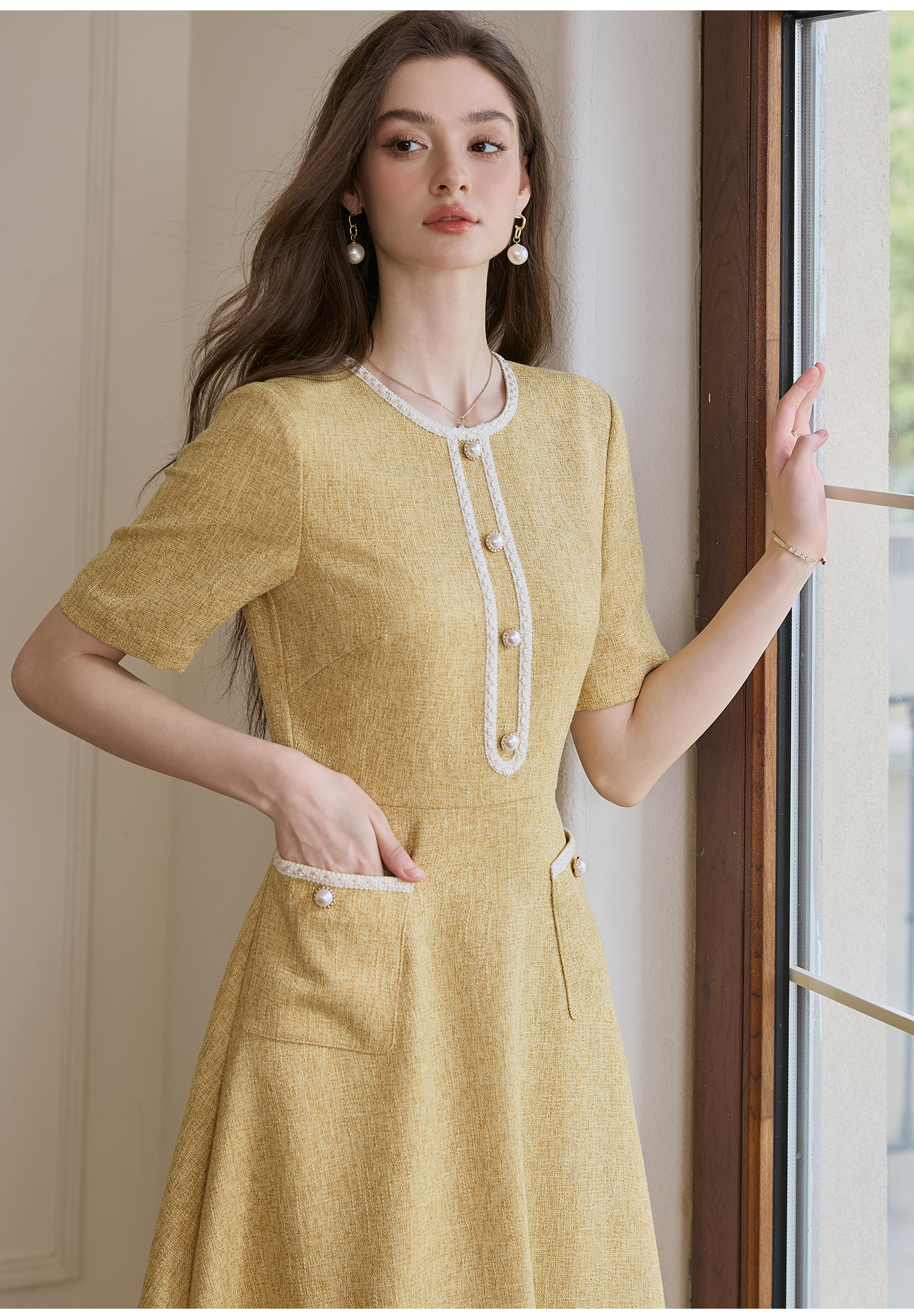 ROEYSHOUSE Elegant Waist-Cinching Flared Dress, Summer Style, Chanel-Inspired Mid-Length Dress 11594, Yellow, S 10