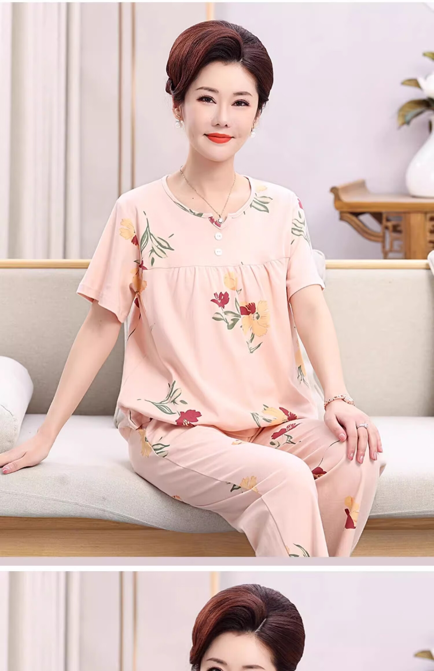 Yuzhaolin Middle-aged and Elderly Women's Spring Summer Cotton Pink Printed Loose Plus Size Casual Homewear Pajama Set 8