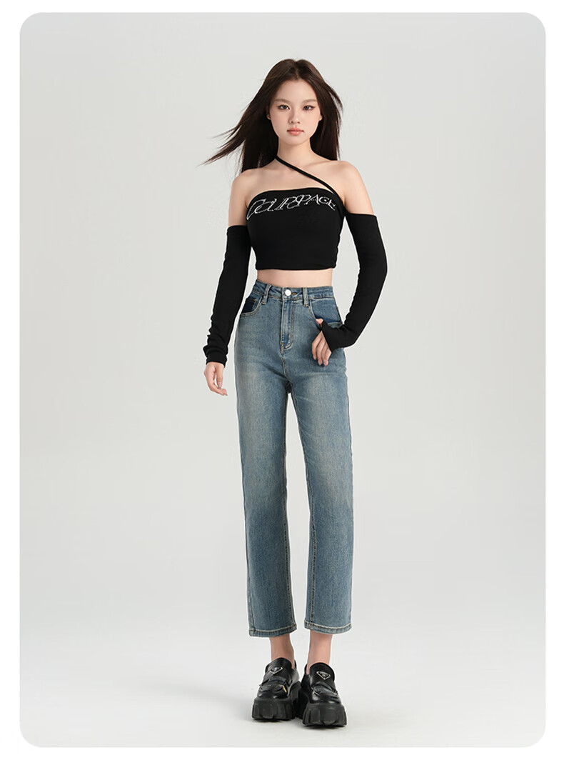 Romon High Waist Slim Fit Women's Denim Jeans Summer Slim Straight Leg Fashion Versatile Cropped Cigarette Pants Vintage Blue 27 11