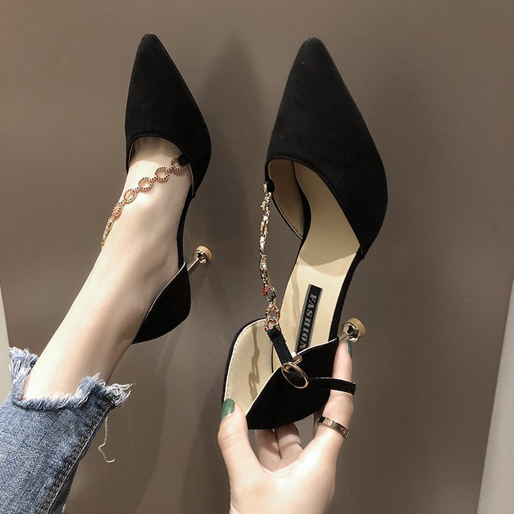 季新款百搭少女小清新猫跟高跟鞋细跟一字扣尖头单鞋女中跟 黑色6公分