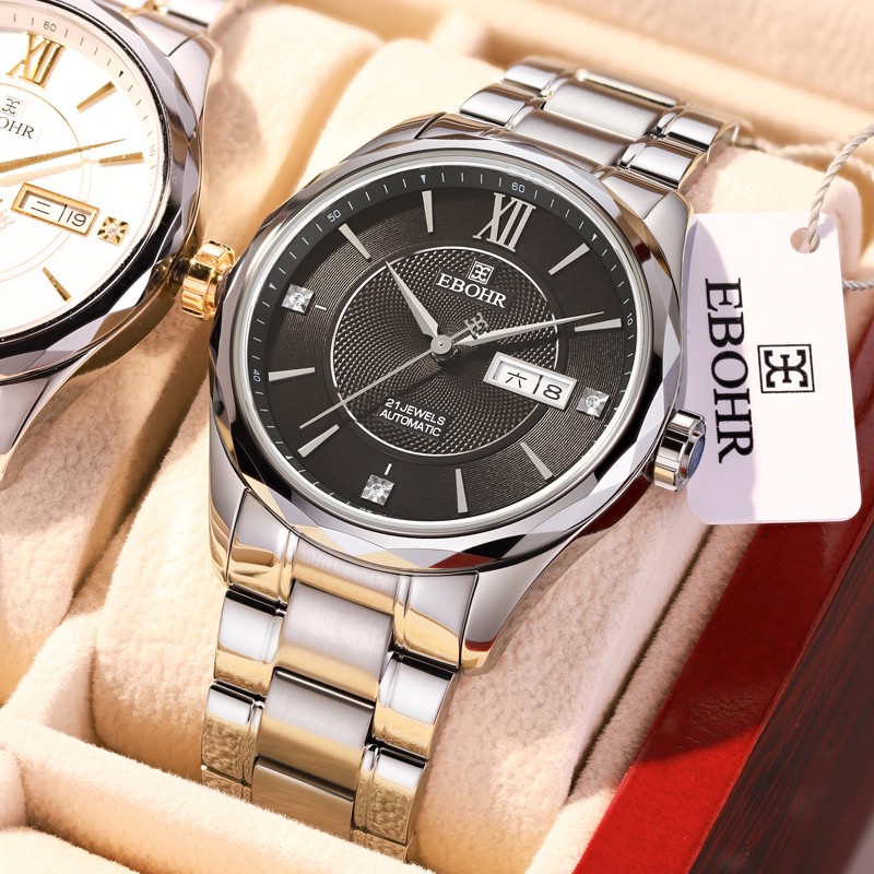 依波表(ebohr)情侣手表一对全自动机械表双日历夜光防水潮流时尚轻奢