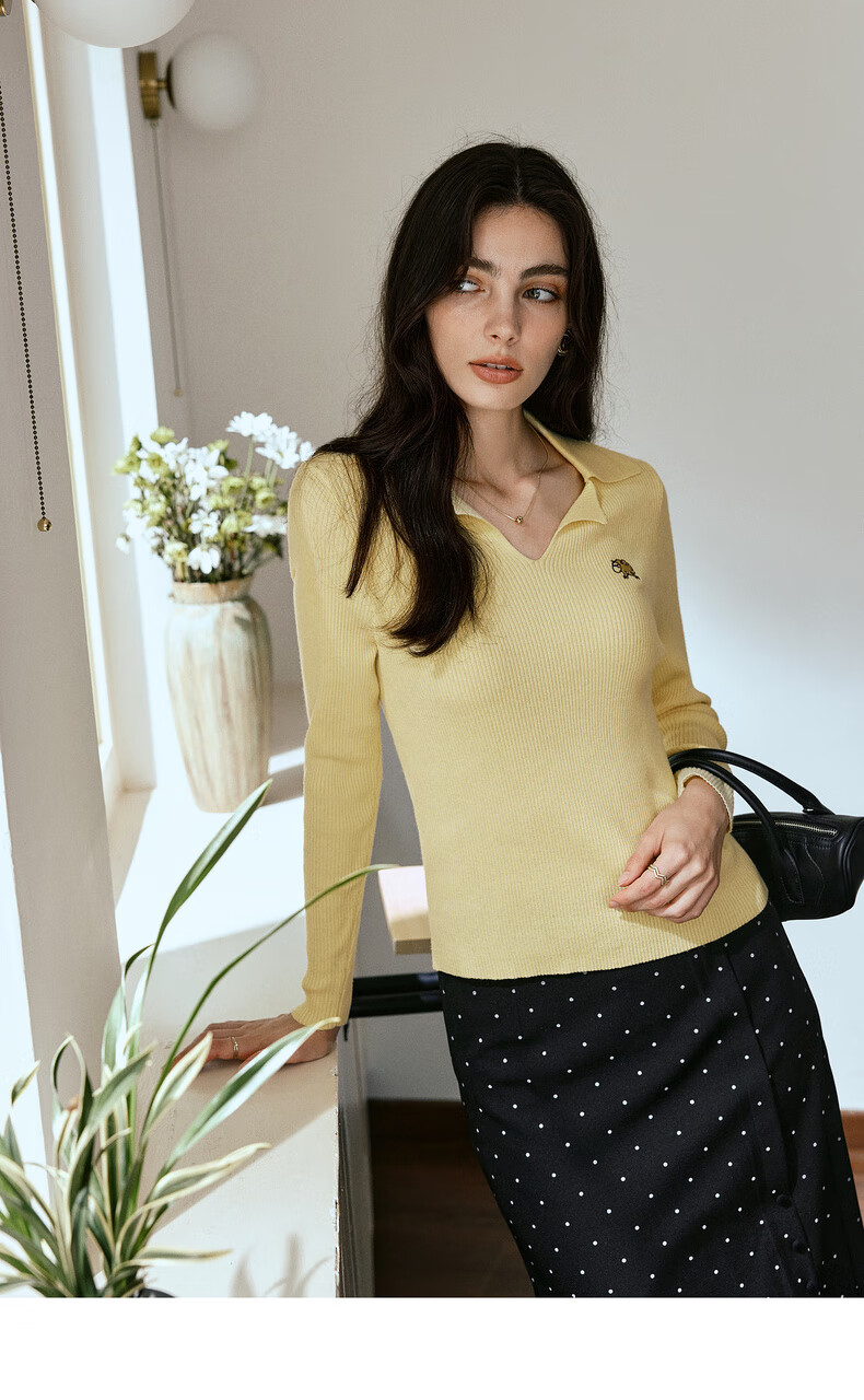 Oulain Commuter Collar Knit Pullover Sweater for Women, Autumn New Style, Versatile Slimming Top, Yellow, XL 9