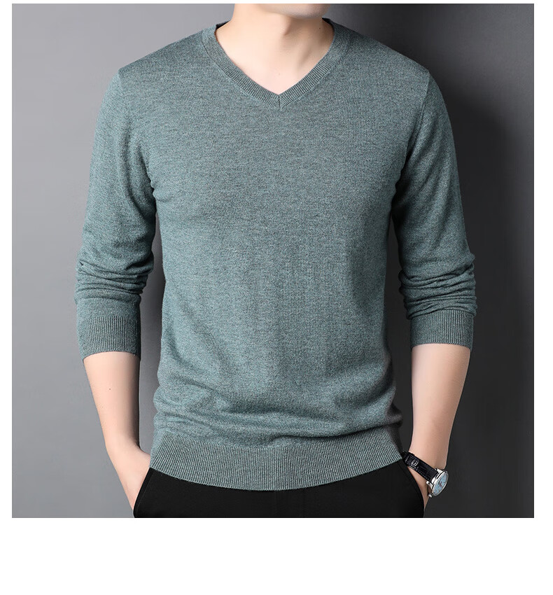 ROMON 100% Pure Wool Men's Classic Basic Thin V-Neck Sweater Autumn Winter Casual Knitwear Base Layer 18