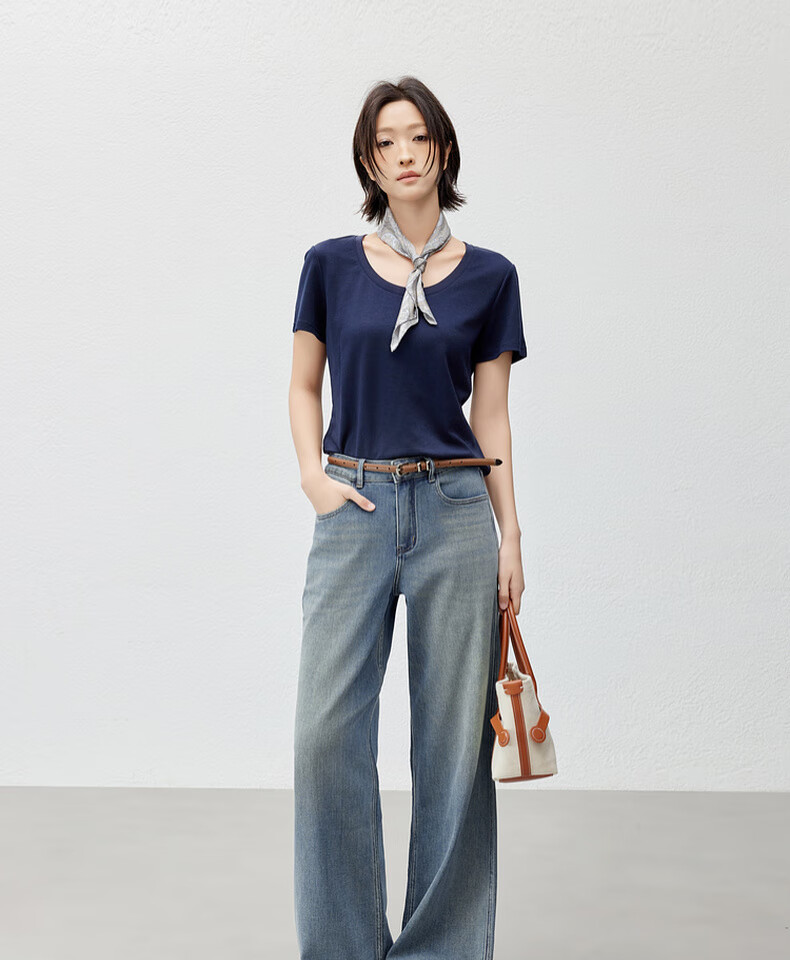 MEIYANG Jelly Denim Jeans Double Core Yarn Elastic Draped Vintage Wide-Leg Pants Blue Regular Fit L 36