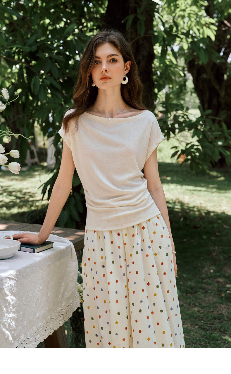 Olrain European Style Elegant Off-Shoulder Slim Fit T-Shirt Women Summer Slimming Youthful Top Apricot XL 13
