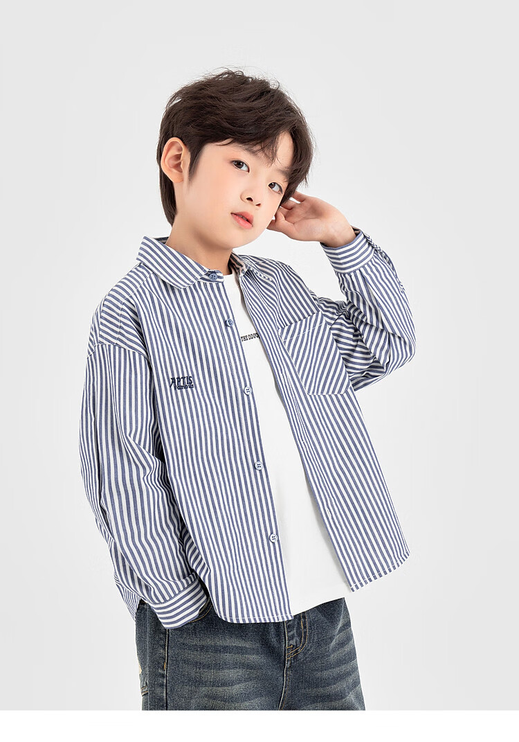 Duoduo Classic Blue and White Striped Boys' Shirt 2025 Autumn New Fashionable Stylish Long Sleeve Outerwear for Older Kids 3