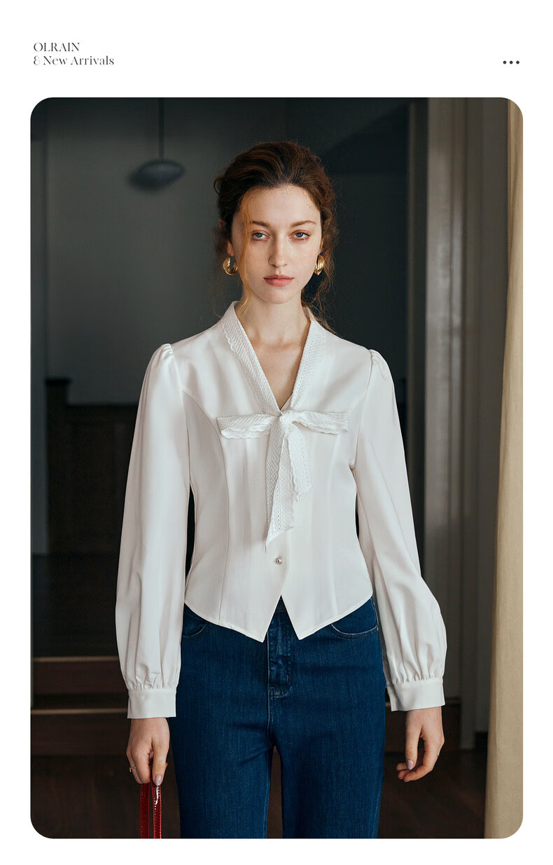 Oulain French Sweet Short Blouse for Women, Autumn New Style with Lace Trim And Ribbon, Casual Top, White, Size S 2