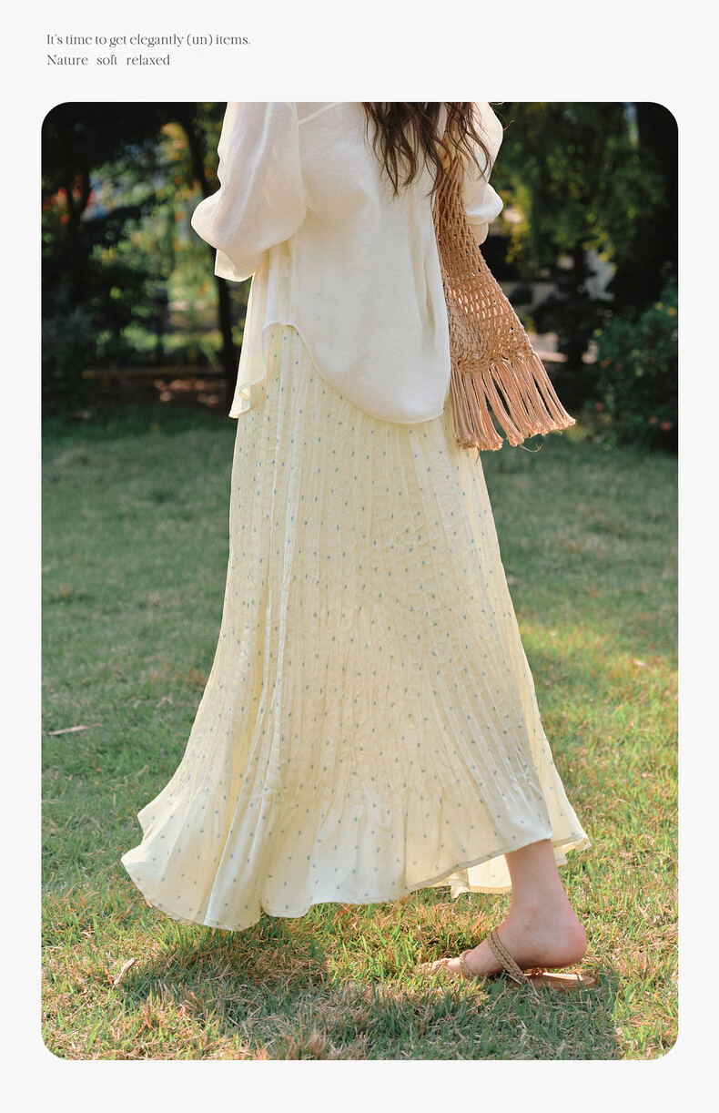 Olrain Yellow Polka Dot Pleated A-Line Skirt Women's Summer High Waist Mid-Length Skirt Yellow S 11