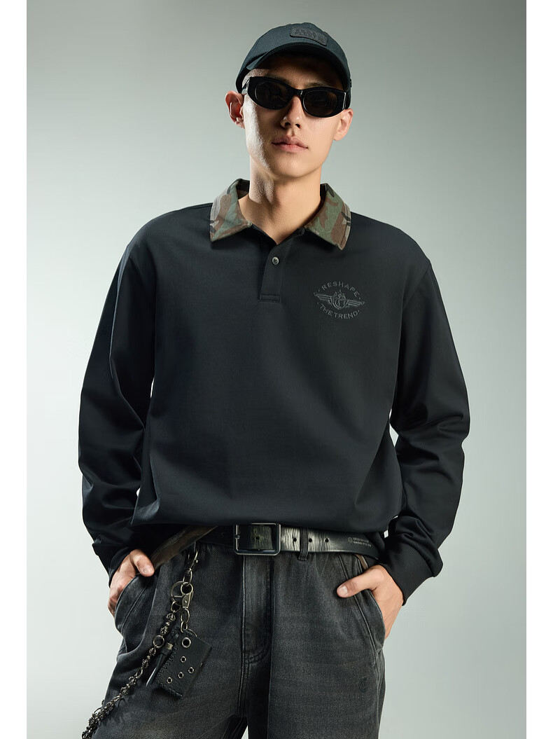 CABBEEN 280G Cotton Plain Weave Camouflage Patchwork Collar Men's Embroidered Long Sleeve Polo Shirt Coal Black 2