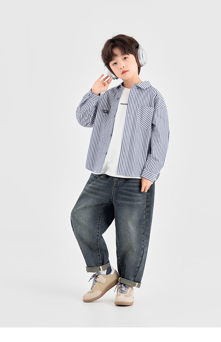 Duoduo Classic Blue and White Striped Boys' Shirt 2025 Autumn New Fashionable Stylish Long Sleeve Outerwear for Older Kids 8