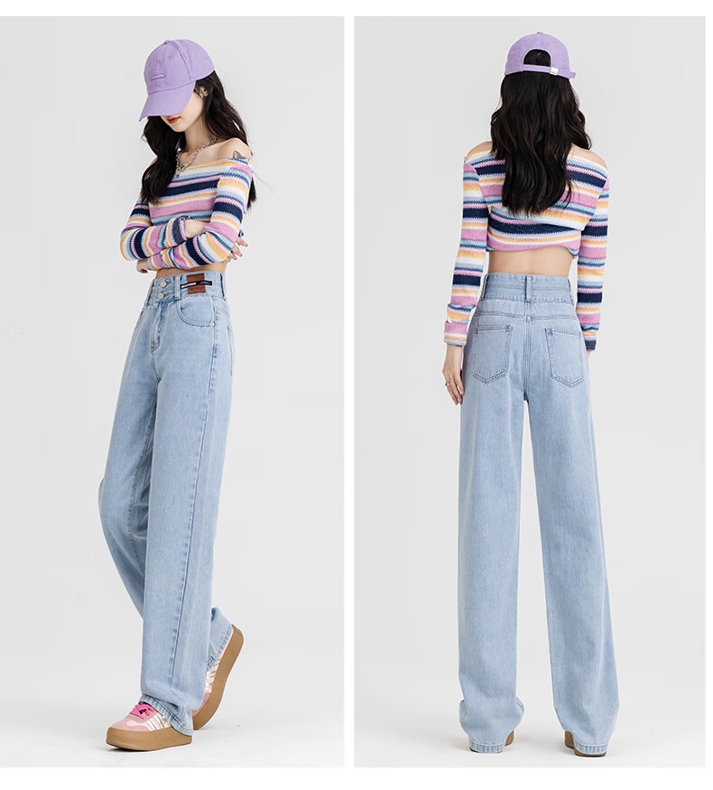 ROMON [American Casual Style] Women's Jeans, Summer High-Waist Versatile Loose Wide-Leg Slimming Straight Pants, Vintage Blue, Size M 14