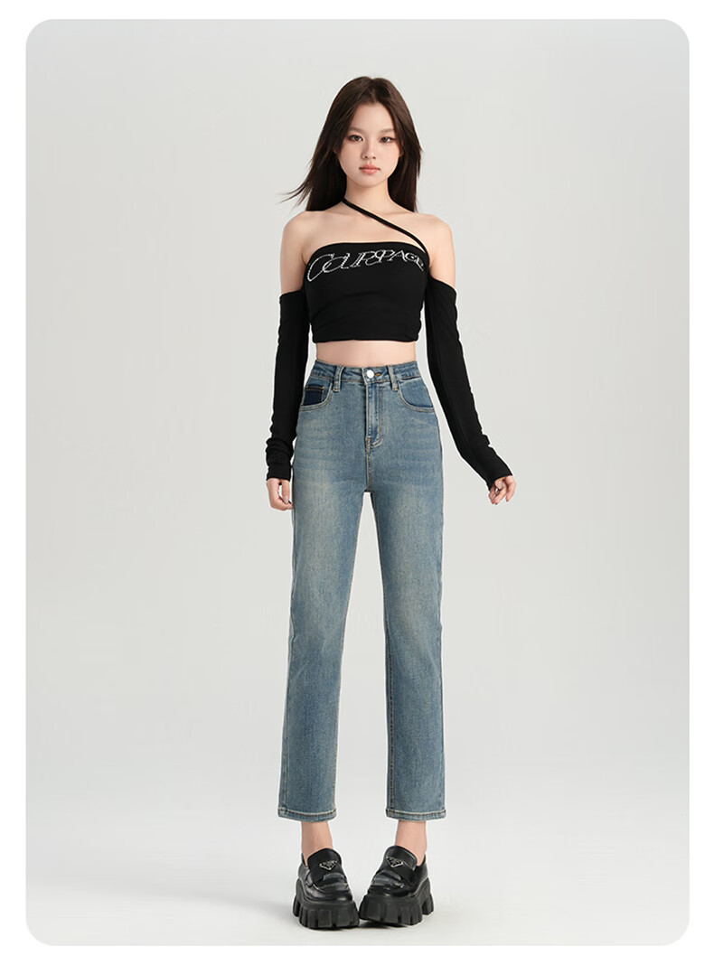 Romon High Waist Slim Fit Women's Denim Jeans Summer Slim Straight Leg Fashion Versatile Cropped Cigarette Pants Vintage Blue 27 9