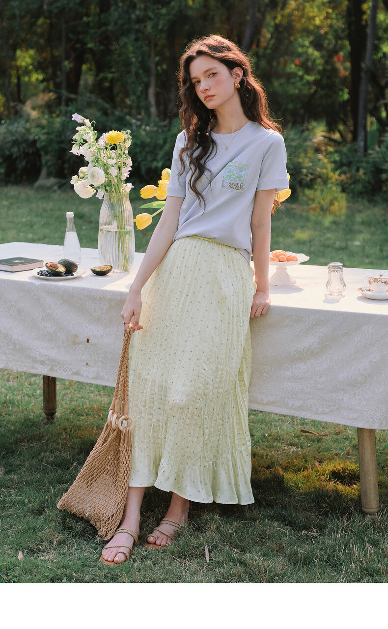 Olrain Yellow Polka Dot Pleated A-Line Skirt Women's Summer High Waist Mid-Length Skirt Yellow S 16