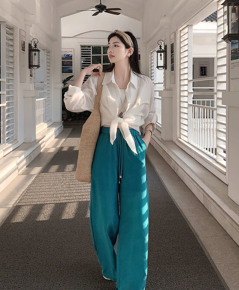 MEIYANG Blue Water Bay Casual Pants, Blue-Green (Regular Version), Size S 8