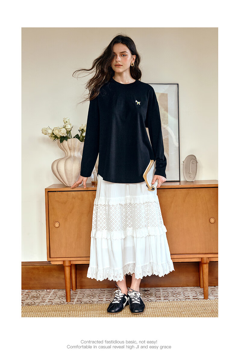 Olrain Casual Versatile Top for Women, Autumn New Loose Mid-Length Brushed Long-Sleeve T-Shirt, Black, Size S 7