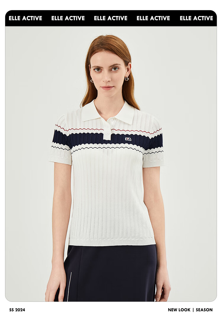ELLE ACTIVE Fashion Contrasting Color Polo Shirt for Women, Knitted Collar Elegant Commuter Slimming Short-Sleeve T-Shirt Top, White, S 10