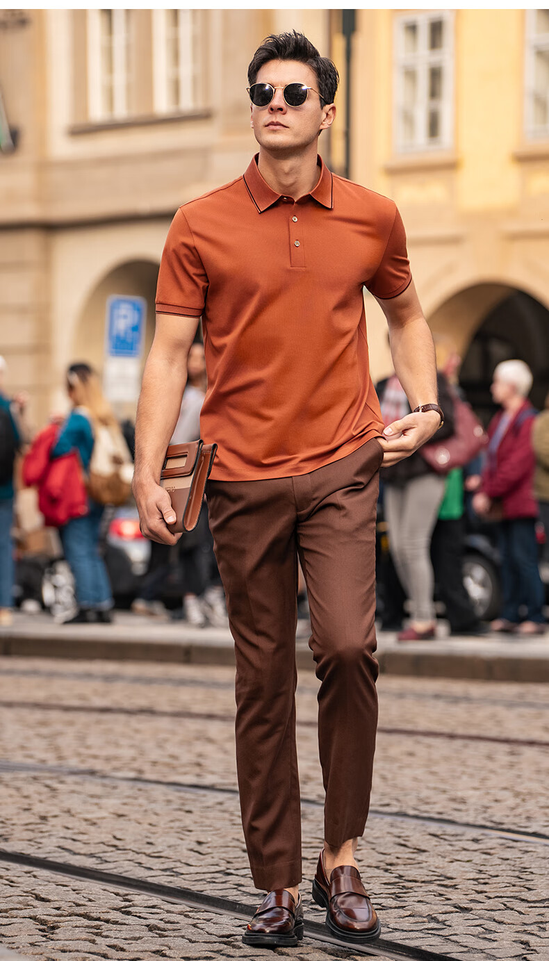 Mr. Bu Patented Collar Contrast Color Three-Button Polo Shell Button Breathable Short Sleeve T-Shirt Saddle Brown XL (180) 11