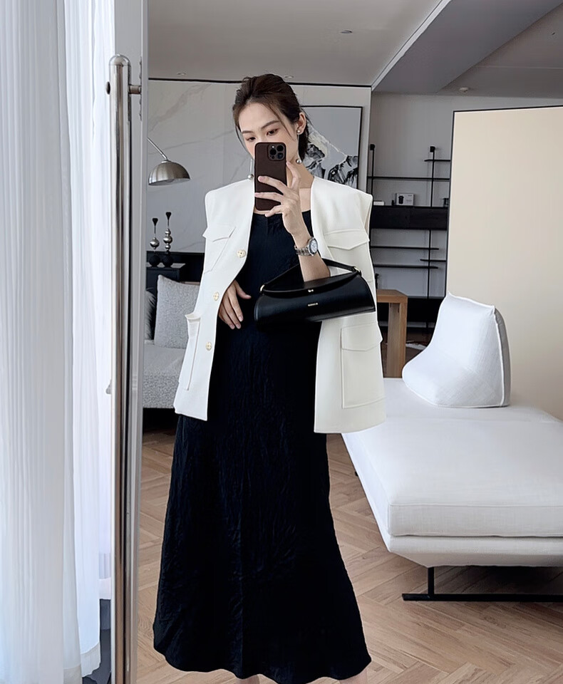 MEIYANG Hepburn Prequel Acetate Spaghetti Strap Dress, Light Luxury Satin Thin Strap Commuter Dress, Black Extended Version, Size S 12