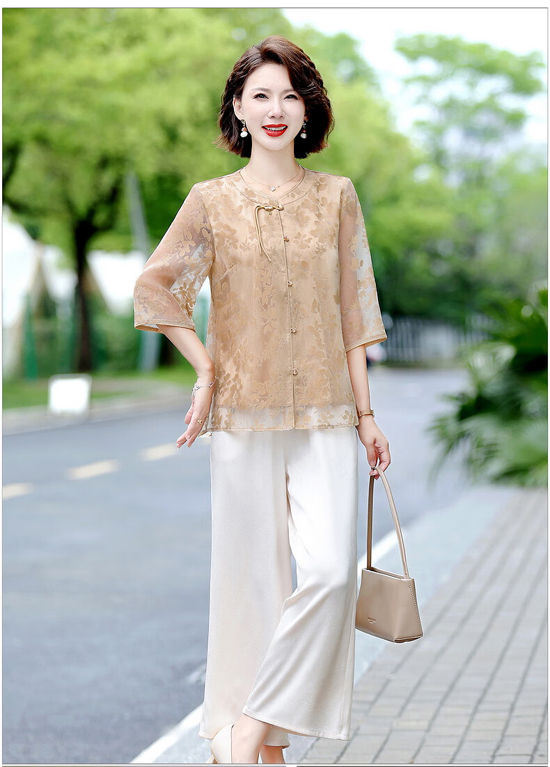 Hodo Middle-aged Elegant Mom Summer Chiffon Shirt Middle-aged and Elderly Women's Summer Cool Short Sleeve Two-piece Set Top 13