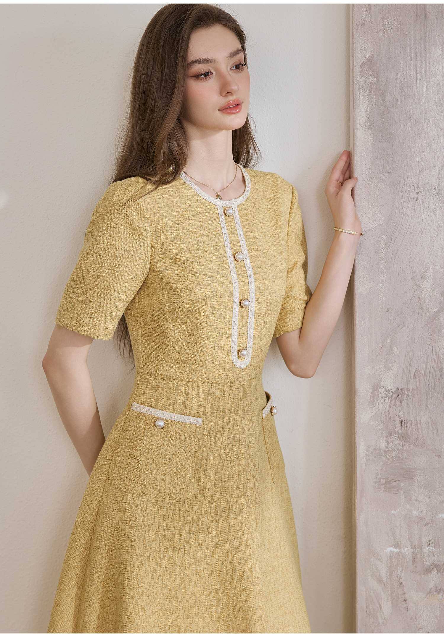 ROEYSHOUSE Elegant Waist-Cinching Flared Dress, Summer Style, Chanel-Inspired Mid-Length Dress 11594, Yellow, S 13