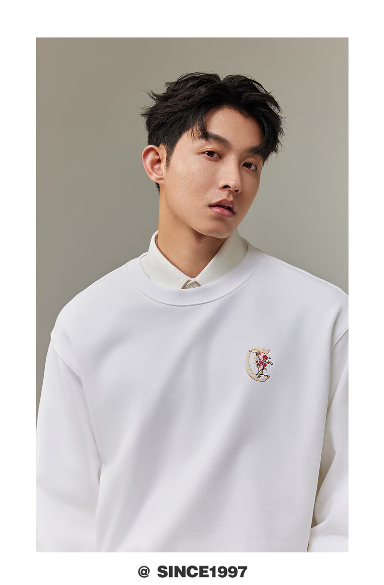 CABBEEN 340G Cotton Sweatshirt Men's Foaming Texture Printed Flash Line Embroidered Flower Winter Long Sleeve Sweatshirt 3