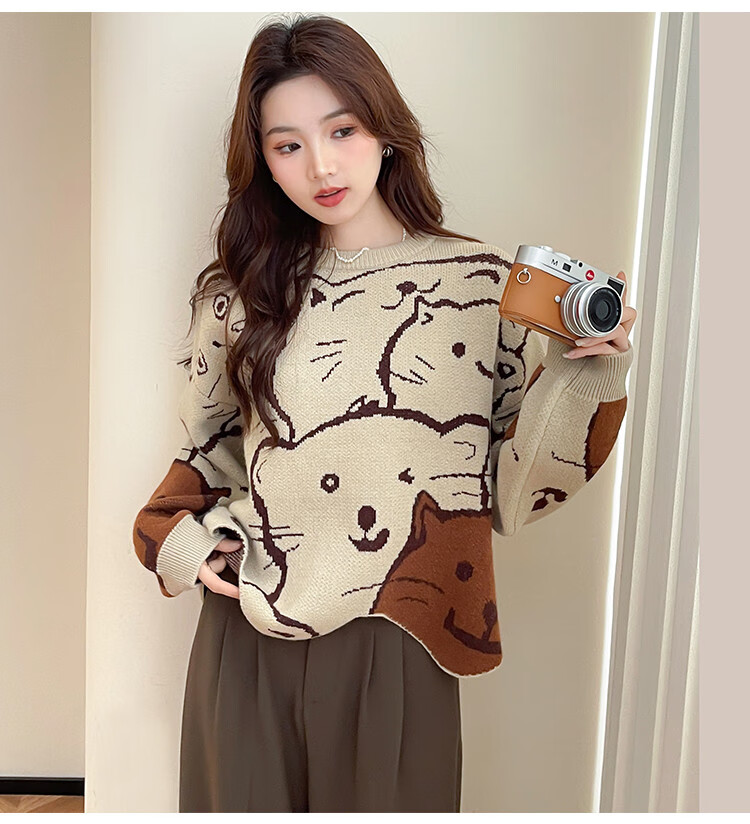 TonLion 2025 Autumn Crew Neck Irregular Hem Cartoon Pattern Pullover Sweater Cute Youthful College Style Korean Version 3
