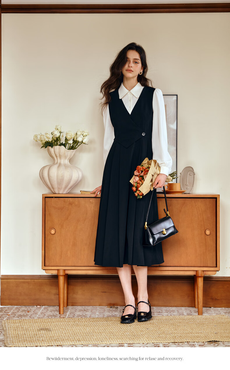 Olrain Elegant Color-Block Spliced Faux Two-Piece Dress Women Autumn New Long Sleeve Dress Black S 4
