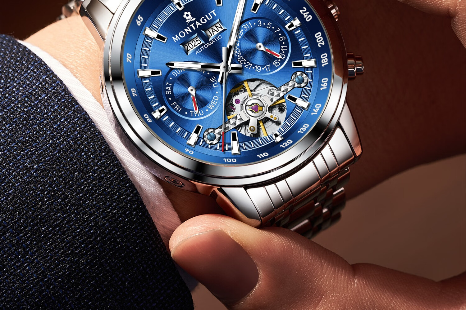 MONTAGUT Men's Skeleton Automatic Mechanical Watch Business Casual Multifunctional Men's Watch Spring Festival Gift 4