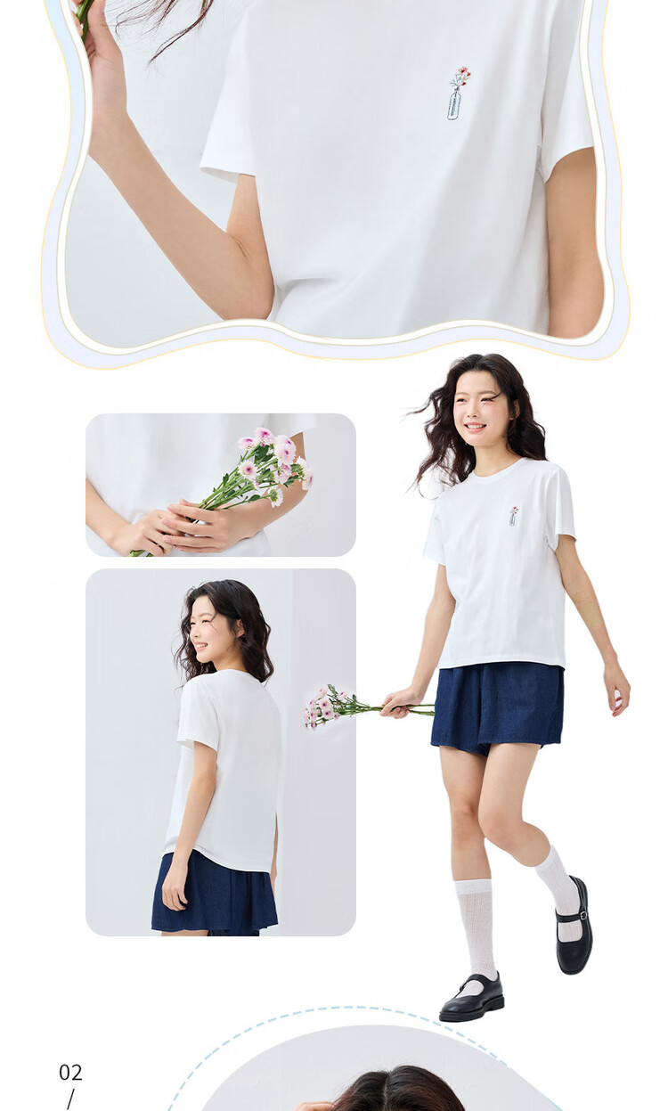 Giordano Women's Short-Sleeve T-Shirt, Summer New Style, Pure Cotton Floral Embroidery, Youthful Casual Round Neck Top, 13325325 14