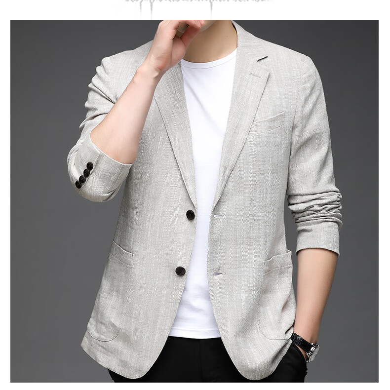ROMON Men's Linen Casual Blazer Spring and Autumn Slim Fit Single-Breasted Solid Color Business Suit Jacket 17