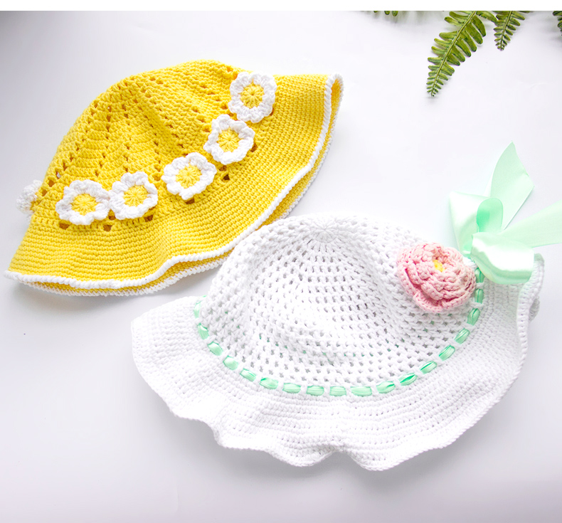 棉线diy手工编织帽子儿童遮阳帽太阳帽毛线钩针材料包教程浅蓝镶花款