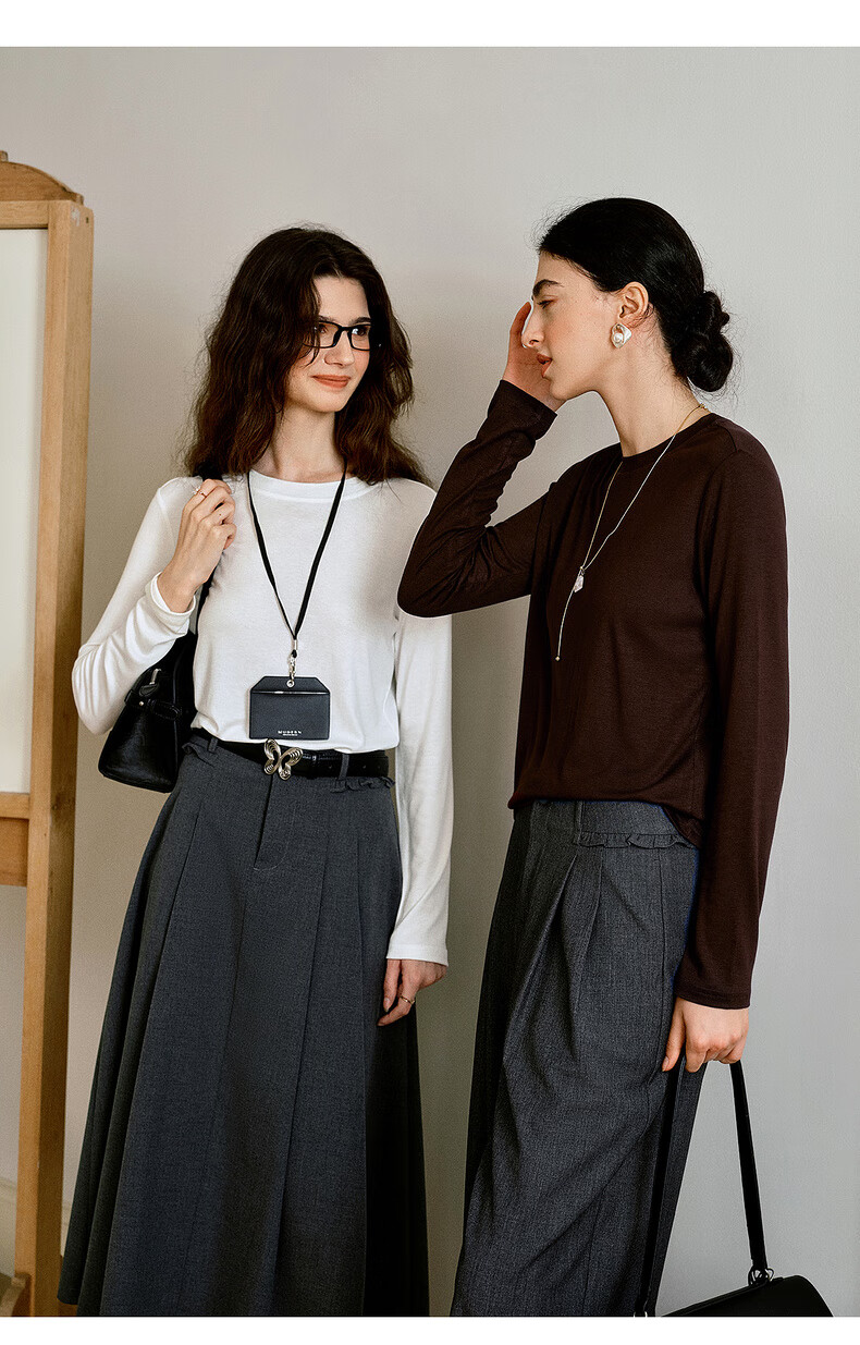 Oulain French Plain Color Basic Versatile Long-Sleeve T-Shirt, Autumn New Simple Fashion Top, Coffee Color, XL 7