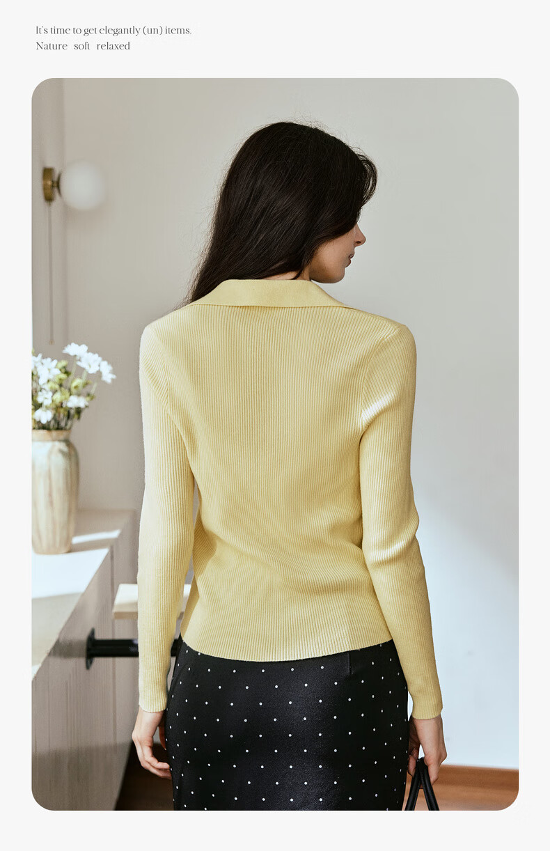 Oulain Commuter Collar Knit Pullover Sweater for Women, Autumn New Style, Versatile Slimming Top, Yellow, XL 5