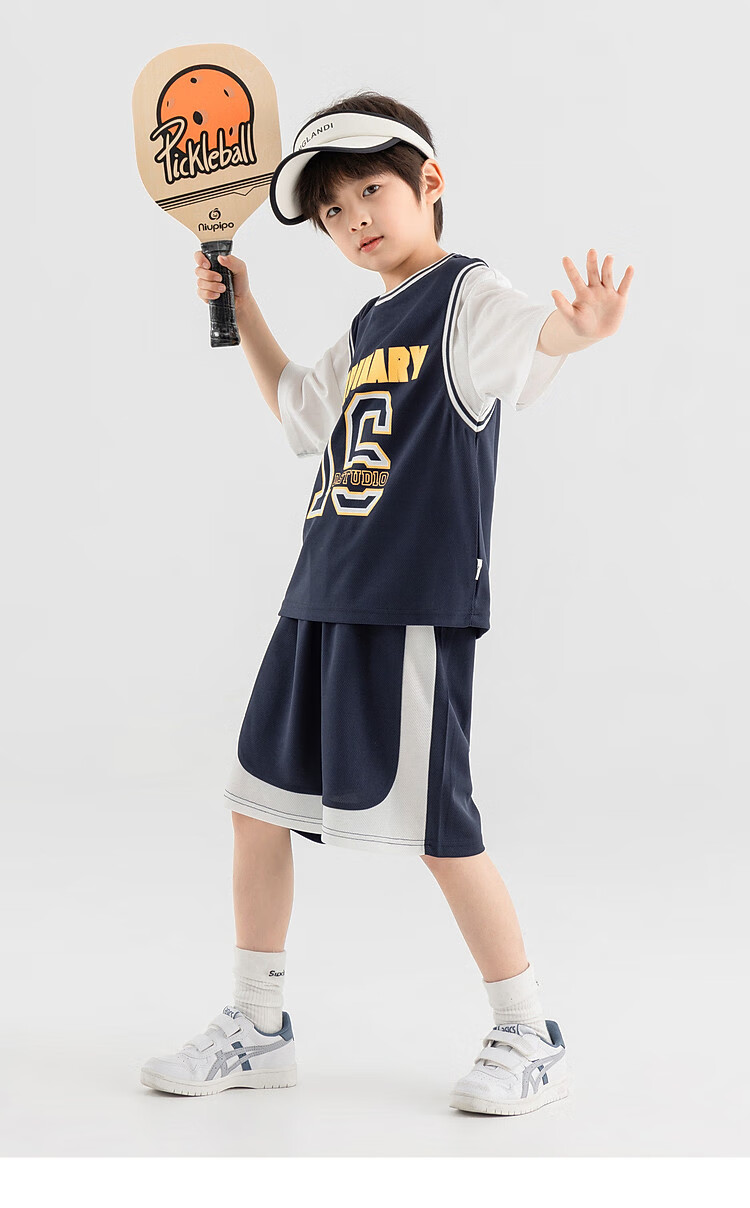Duoduojia Boys' Sports Mesh Set, Summer Children's Fake Two-Piece Short-Sleeve Pants, Fashionable And Cool Basketball Outfit for Older Kids 23