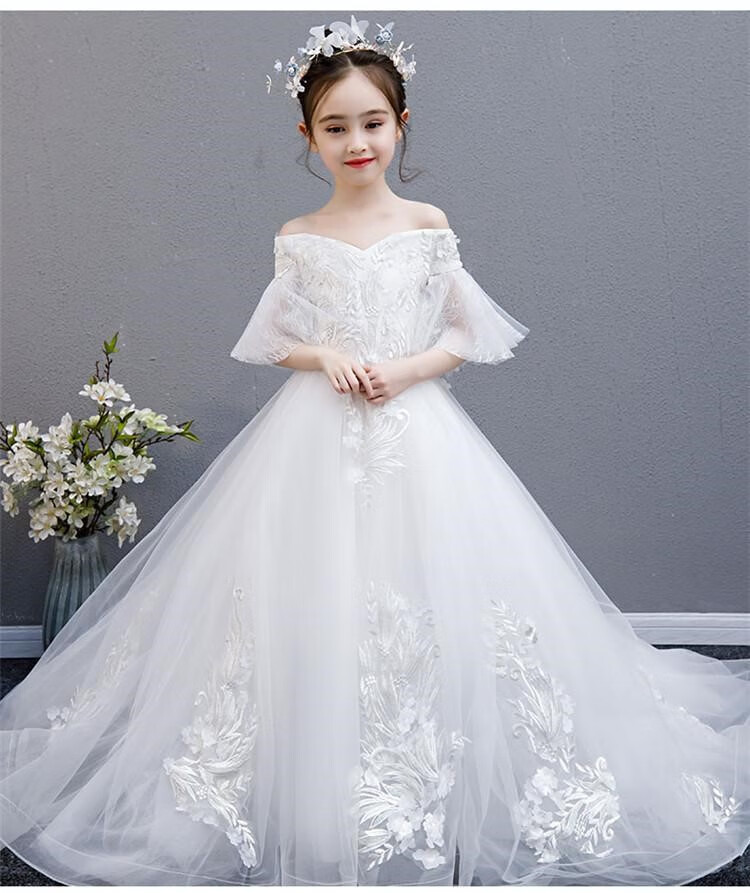 儿童婚纱女童晚礼服花童公主裙主持人钢琴演出服白纱裙生日走秀表演