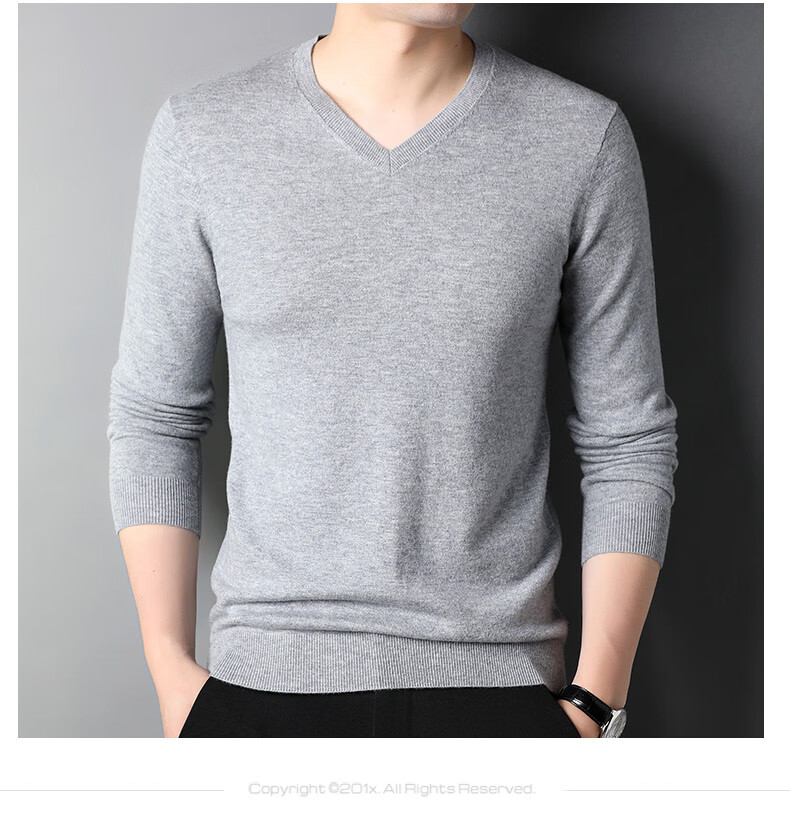 ROMON 100% Pure Wool Men's Classic Basic Thin V-Neck Sweater Autumn Winter Casual Knitwear Base Layer 14