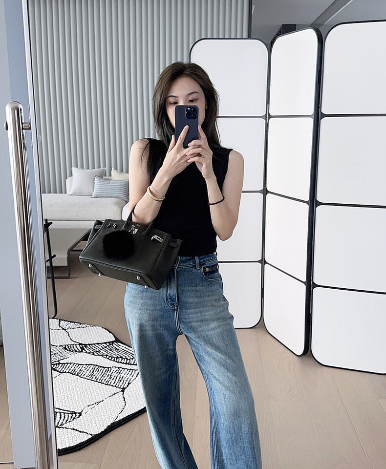 MEIYANG Jelly Denim Jeans Double Core Yarn Elastic Draped Vintage Wide-Leg Pants Blue Regular Fit L 18