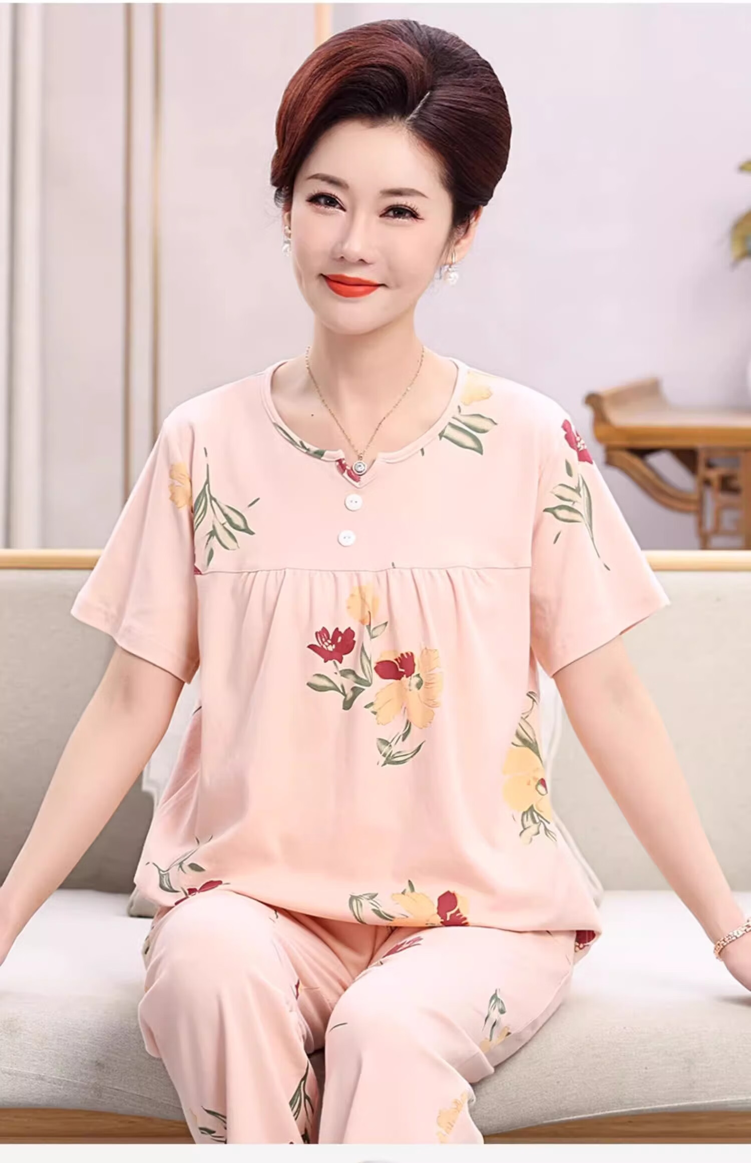 Yuzhaolin Middle-aged and Elderly Women's Spring Summer Cotton Pink Printed Loose Plus Size Casual Homewear Pajama Set 5