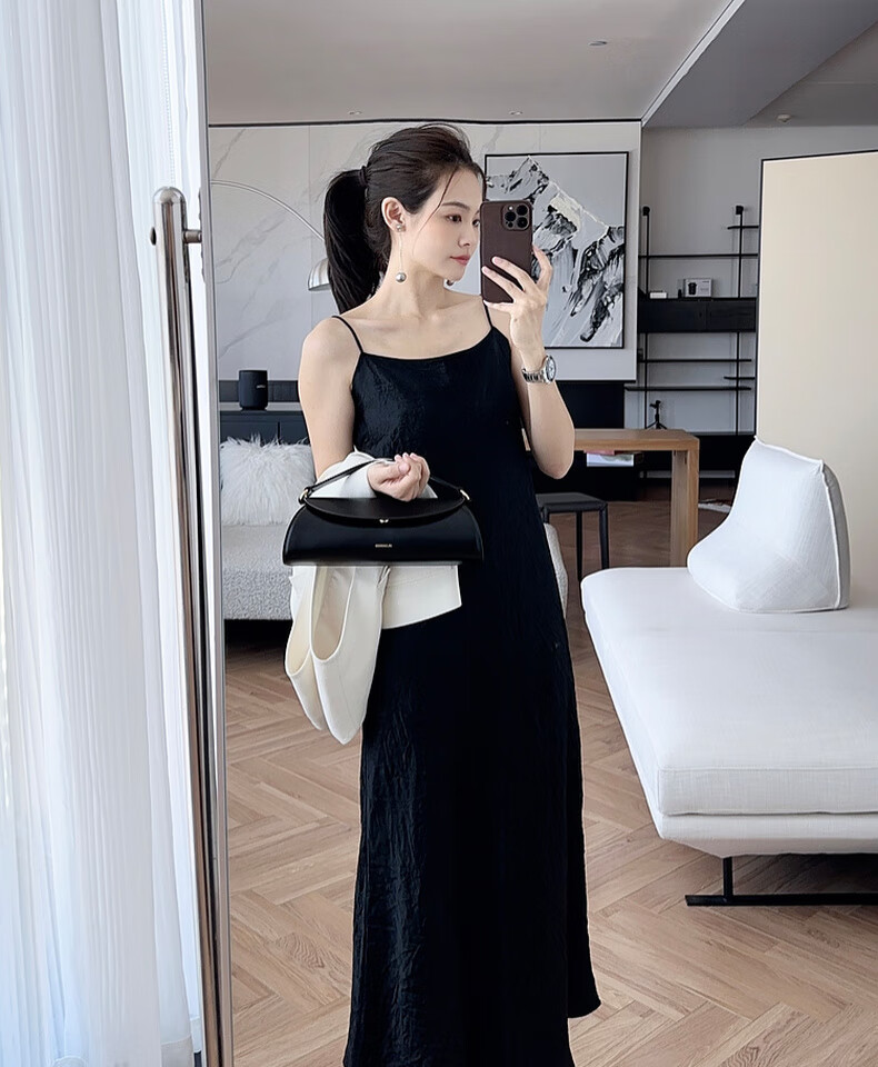 MEIYANG Hepburn Prequel Acetate Spaghetti Strap Dress, Light Luxury Satin Thin Strap Commuter Dress, Black Extended Version, Size S 10