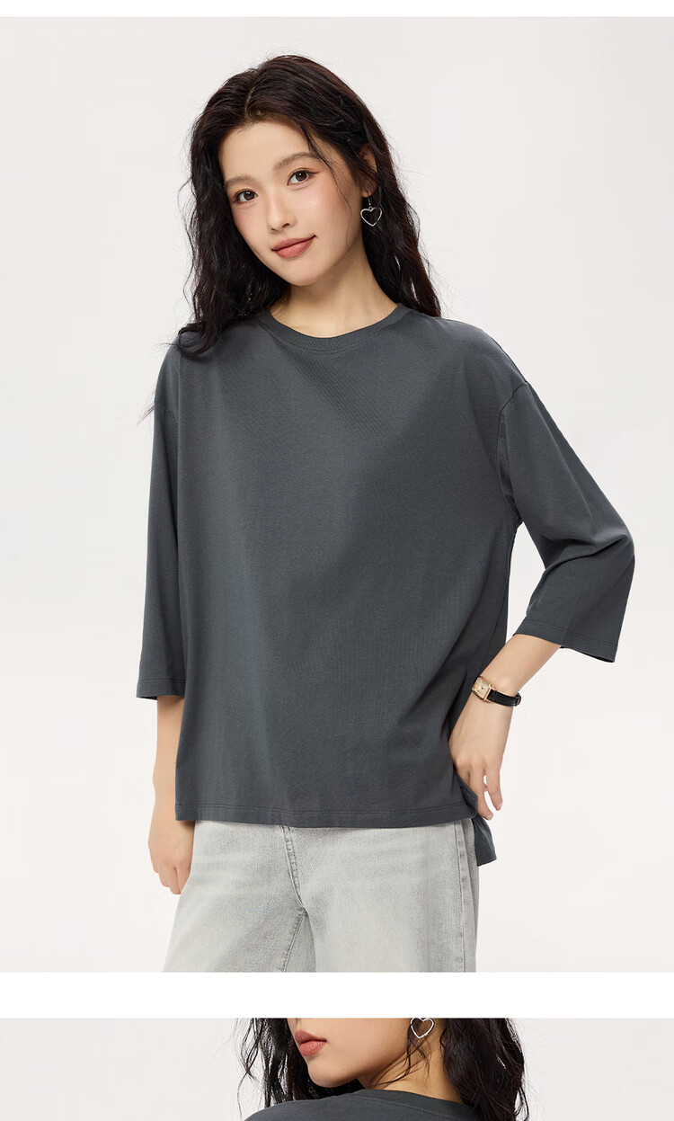 Giordano Women's T-Shirt, 2026 New Style, Pure Cotton, Short Front Long Back, Loose Fit, Round Neck, Three-Quarter Sleeve Top, 05325790 13