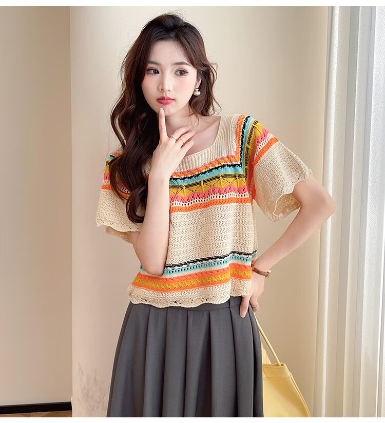 Tangshi 2026 Fashionable Youthful Casual Colorful Striped Women's Short Sleeve Pullover Sweater 5